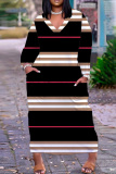 Khaki Casual Striped Print Pocket V Neck Short Sleeve Straight Plus Size T-shirt Midi Dresses