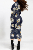 Black White Floral Print Half A Turtleneck Long Sleeve Casual Street Wrap Pencil Midi Dress