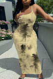 Tan Casual Floral Print Sleeveless Backless Spaghetti Strap Long Bodycon Maxi Slip Dress