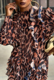 Khaki Vacation Evening Bohemian Print One-Shoulder Long Sleeve Layered Ruffles Maxi Dress