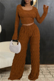 Brown Casual U Neck Long Sleeve T-shirt and Wide Leg Pants 3D Knitting Two Pieces Matching Sets