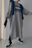 Apricot Long Sleeve Contrast Panel Oversized Graphic Sweatshirt Denim Maxi Dress