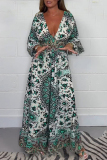 Pink Vacation Casual Floral Print Waisted Ruffle V Neck Long Flare Sleeve Wide Leg Loose Jumpsuits