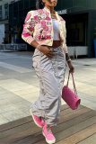 Pink Casual Graphic Print Striped Trim Button up Long Sleeve Varsity Jacket Outerwear