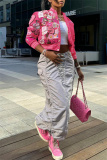 Pink Casual Graphic Print Striped Trim Button up Long Sleeve Varsity Jacket Outerwear