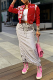 Pink Casual Graphic Print Striped Trim Button up Long Sleeve Varsity Jacket Outerwear