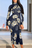 Black White Floral Print Half A Turtleneck Long Sleeve Casual Street Wrap Pencil Midi Dress