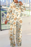 Blue Purple Casual Abstract Floral Print Hooded Long Sleeve Sweatshirt and Straight Leg Sweatpants Fall Winter Two Pieces Sweatsuit Sets