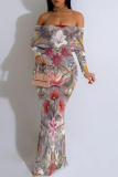 Grey Floral Fishtail Print Off Shoulder Long Flutter Sleeve Mermaid Hem Vacation Boho Style Maxi Dresse