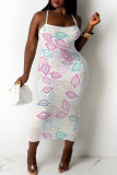 Light Blue Casual Floral Print Sleeveless Backless Spaghetti Strap Long Bodycon Maxi Slip Dress