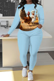 Earthy Yellow Casual Turkey Print Round Neck Long Sleeve Sweatshirt and Pencil Sweatpants Fall Winter Two Pieces Sweatsuits Sets