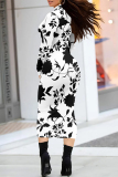 Black White Floral Print Half A Turtleneck Long Sleeve Casual Street Wrap Pencil Midi Dress