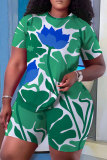 Green Casual Floral Leaf Print Round Neck Short Sleeve T-shirt and Shorts Two Pieces Matching Sets