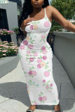 Tan Casual Floral Print Sleeveless Backless Spaghetti Strap Long Bodycon Maxi Slip Dress