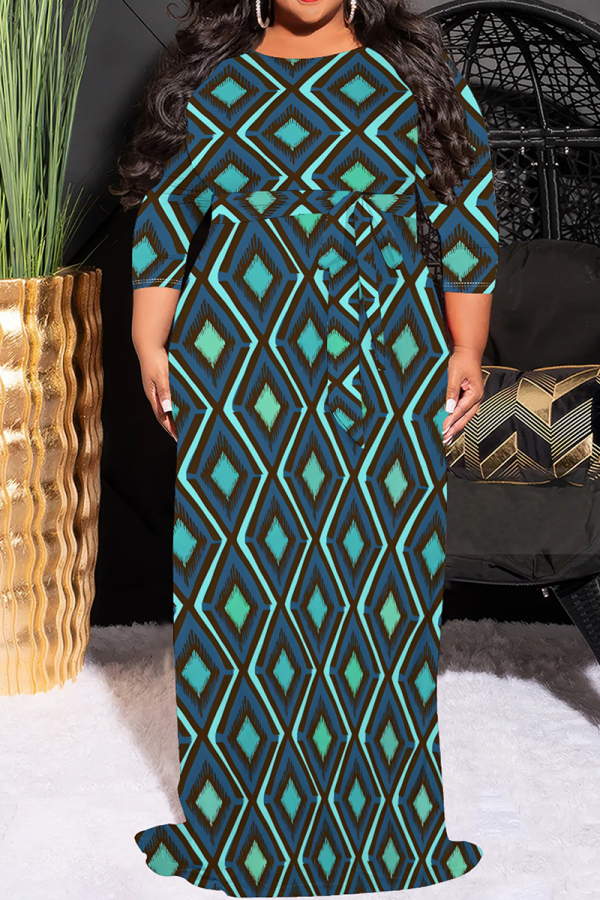 Green Purple Geometric Bohemian Print O Neck 3/4 Sleeve Long Casual Plus Size Vacation Maxi Dresses