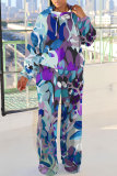 Blue Purple Casual Abstract Floral Print Hooded Long Sleeve Sweatshirt and Straight Leg Sweatpants Fall Winter Two Pieces Sweatsuit Sets
