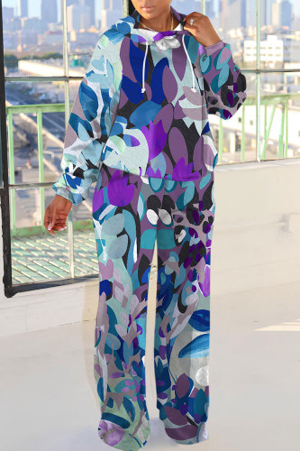 Blue Purple Casual Abstract Floral Print Hooded Long Sleeve Sweatshirt and Straight Leg Sweatpants Fall Winter Two Pieces Sweatsuit Sets