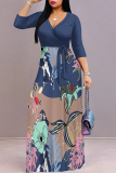 Haze Blue Floral Print V Neck 3/4 Sleeve Lace Up Summer Outings Vacation Straight Loose Maxi Dress
