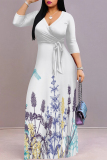 Haze Blue Floral Print V Neck 3/4 Sleeve Lace Up Summer Outings Vacation Straight Loose Maxi Dress