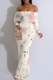 Grey Floral Fishtail Print Off Shoulder Long Flutter Sleeve Mermaid Hem Vacation Boho Style Maxi Dresse