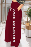 Dark Red Casual Street Letter Print Pocket Loose High Waist Wide Leg Pants Bottoms