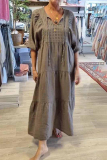 Dark Gray Bohemian Taupe V Neck Half Sleeve Oversized Fit Button Detai Casual Lounge A Line Maxi Dress
