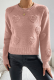 Pink Casual Heart Shaped Weave Round Neck Long Sleeve Fall Winter Tops Sweaters
