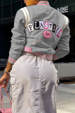 Pink Casual Graphic Print Striped Trim Button up Long Sleeve Varsity Jacket Outerwear