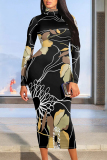 Black White Floral Print Half A Turtleneck Long Sleeve Casual Street Wrap Pencil Midi Dress
