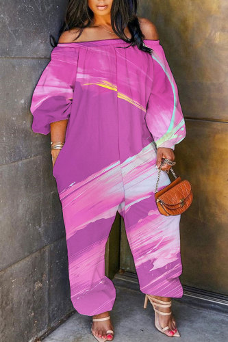 Rose Red Loose Casual Abstract Print Off Shoulder Long Lantern Sleeve Overall Jumpsuits