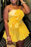 Yellow Party Cocktail 3D Floral Detail Strapless Sleeveless Sweetheart Neckline Pleated Mini Dress
