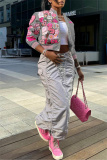 Pink Casual Graphic Print Striped Trim Button up Long Sleeve Varsity Jacket Outerwear
