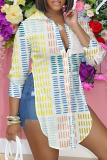 Rose Red Loose Casual Abstract Striped Print Button up Turndown Collar Long Sleeve Slit Tops Shirts