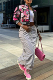 Pink Casual Graphic Print Striped Trim Button up Long Sleeve Varsity Jacket Outerwear