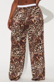 Casual Leopard Print Mid Waist Straight Wide Leg Pants Trousers