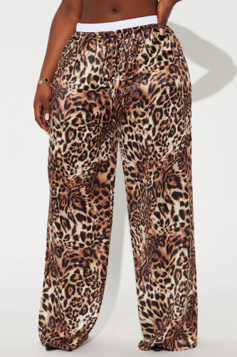Casual Leopard Print Mid Waist Straight Wide Leg Pants Trousers