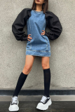 Blue Patchwork Contrast Round Neck Puff Sleeves Casual Outing Denim Mini Dress