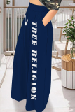 Dark Red Casual Street Letter Print Pocket Loose High Waist Wide Leg Pants Bottoms