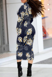 Black White Floral Print Half A Turtleneck Long Sleeve Casual Street Wrap Pencil Midi Dress