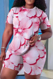 Green Casual Floral Leaf Print Round Neck Short Sleeve T-shirt and Shorts Two Pieces Matching Sets