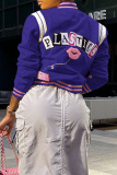 Pink Casual Graphic Print Striped Trim Button up Long Sleeve Varsity Jacket Outerwear