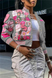 Pink Casual Graphic Print Striped Trim Button up Long Sleeve Varsity Jacket Outerwear