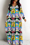 Lake Green Casual Cartoon Print Long Sleeve V Neck Floor Length Loose Vacation Baggy Loose Maxi Dress