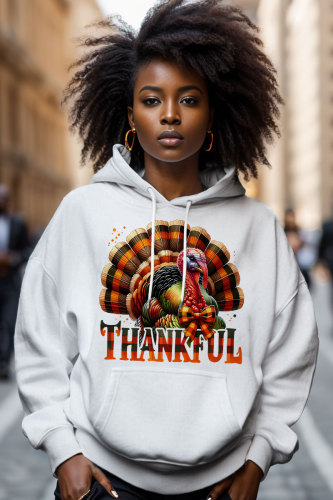 White Red Thanksgiving Day Casual Turkey Print Draw String Hooded Collar Long Sleeve Fall Winter Sweatshirts Tops