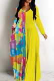 Blue White Casual Graphcis Print Long Sleeve V Neck Floor Length Loose Vacation Baggy Maxi Dress