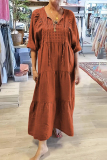 Dark Gray Bohemian Taupe V Neck Half Sleeve Oversized Fit Button Detai Casual Lounge A Line Maxi Dress