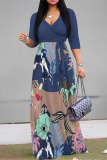 Haze Blue Floral Print V Neck 3/4 Sleeve Lace Up Summer Outings Vacation Straight Loose Maxi Dress