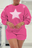Blue Grey Casual Abstarct Print Round Neck Long Sleeve Sweatshirt and Shorts Two Pieces Matching Sets