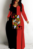 Blue White Casual Graphcis Print Long Sleeve V Neck Floor Length Loose Vacation Baggy Maxi Dress