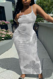 Tan Casual Floral Print Sleeveless Backless Spaghetti Strap Long Bodycon Maxi Slip Dress